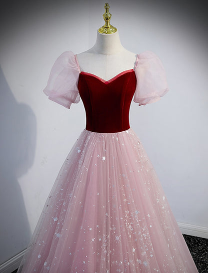 A-Line Prom Dresses Princess Dress Prom Floor Length Short Sleeve Sweetheart Tulle with Sequin