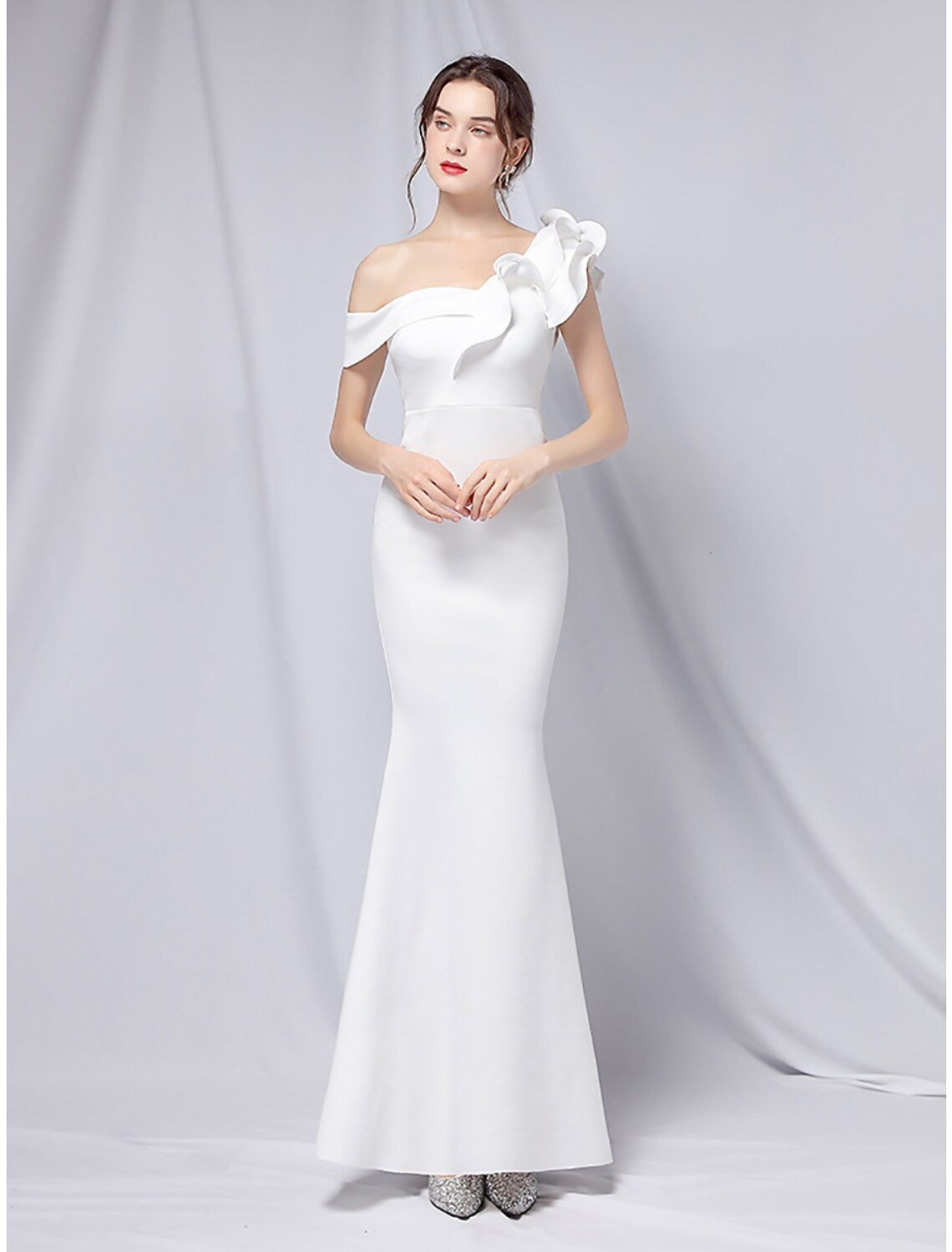 Evening Gown Dress Wedding Guest Floor Length Short Sleeve One Shoulder Stretch Satin with Ruffles