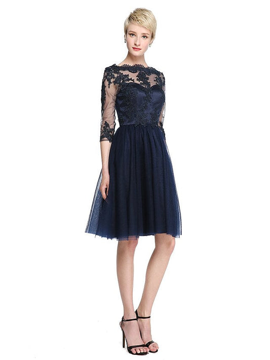 A-Line Bridesmaid Dress Bateau Neck 3/4 Length Sleeve See Through Knee Length Lace / Tulle with Appliques