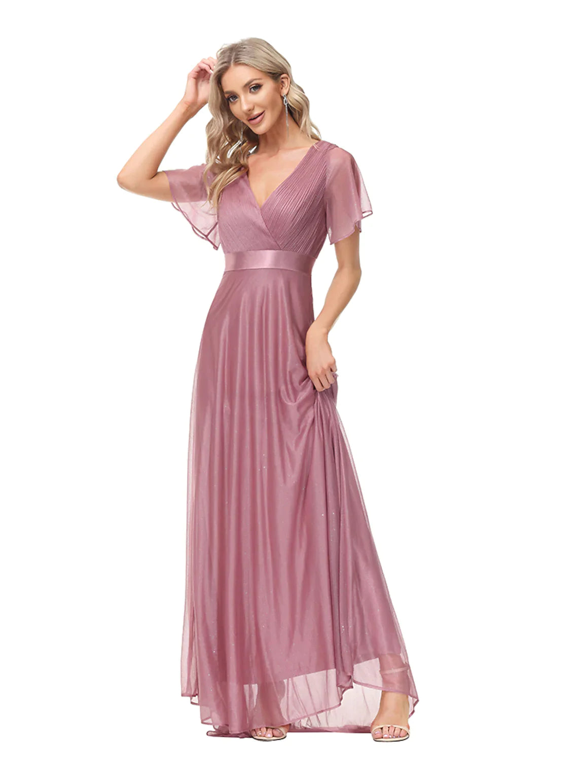 A-Line Evening Gown Dress Wedding Floor Length Short Sleeve V Neck Tulle with Ruched Ruffles
