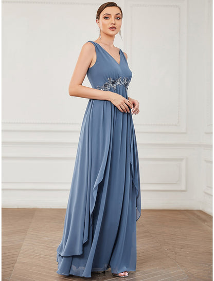 A-Line Prom Dresses Minimalist Dress Party Wear Floor Length Sleeveless V Neck Chiffon with Appliques