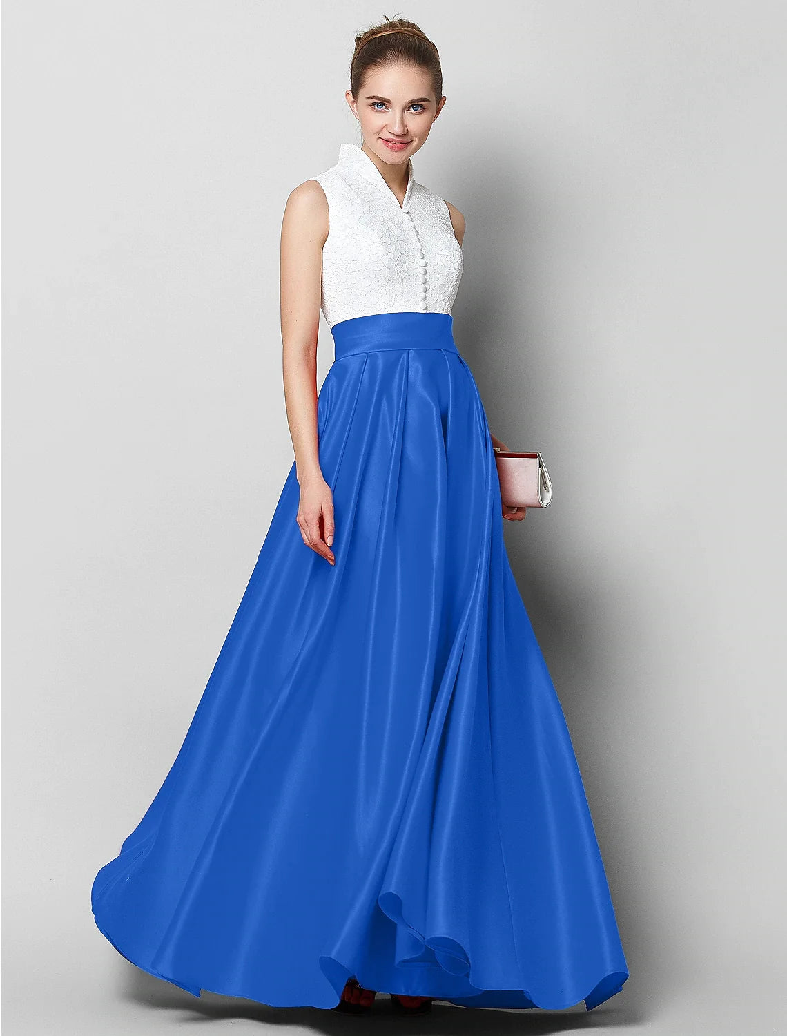 A-Line Elegant Luxurious Color Block Formal Evening Gala Dress High Neck Sleeveless Floor Length Lace with Pleats