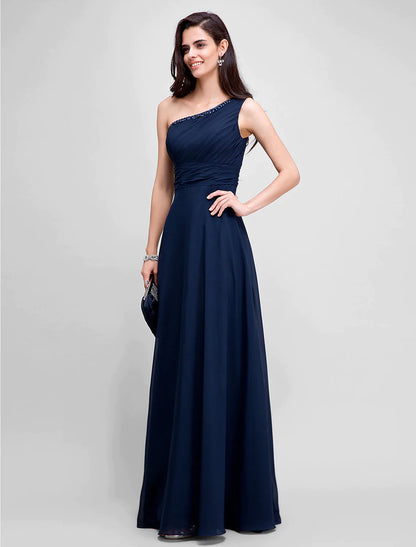 Evening Dresses Wedding Guest Floor Length Sleeveless One Shoulder Chiffon Ruched Beading