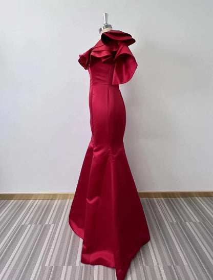 Mermaid / Trumpet Evening Gown Corsets Dress Formal Floor Length Sleeveless One Shoulder Taffeta with Ruffles Shouder Flower
