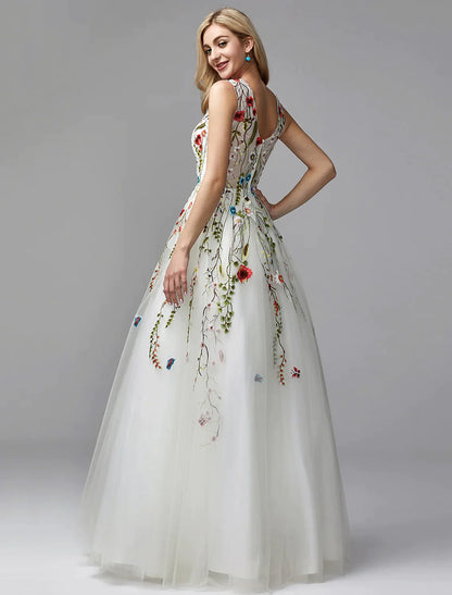 A-Line Dresses Floor Length Sleeveless V Neck Lace with Embroidery Appliques