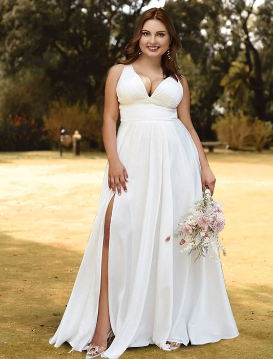 Open Back Plus Size Wedding Dresses Floor Length A-Line Sleeveless Strap V Neck