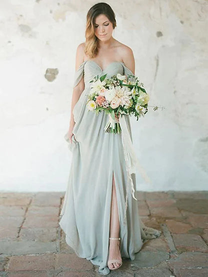 A-Line Bridesmaid Dress Neckline Short Sleeve Furcal Floor Length Chiffon with Pleats Split Front