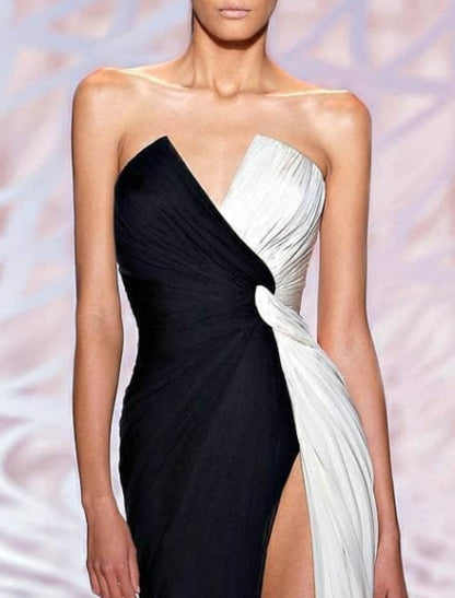 Party Wear Formal Evening Dress Strapless Sleeveless Polyester with Slit