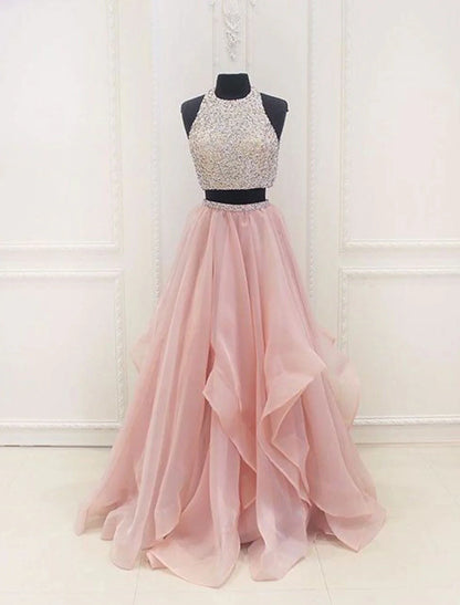 Two Piece Ball Gown Prom Dresses Sparkle & Shine Dress Party Wear Floor Length Sleeveless Halter Organza with Sequin