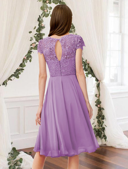 A-Line Bridesmaid Dress Sleeveless Elegant Knee Length Chiffon Lace with Pleats