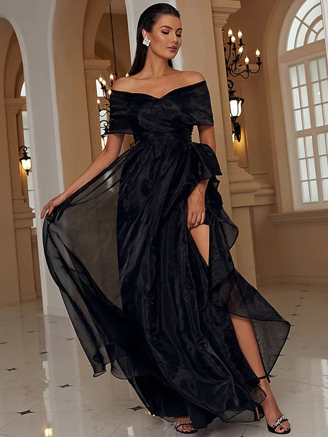 A-Line Evening Gown Sexy Dress Formal Floor Length Short Sleeve Off Shoulder with Ruffles Slit