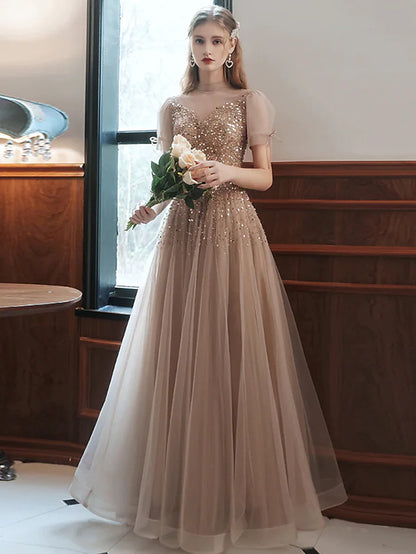 Prom Dresses Engagement Floor Length Sleeveless High Neck Tulle with Bow(s) Beading Sequin