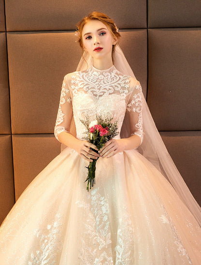 Engagement Open Back Formal Wedding Dresses  Princess Long Sleeve High Neck Lace With Sequin Appliques