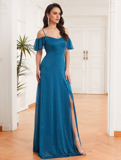 New Off Shoulder A-Line Side Split Sparkle Chiffon Bridesmaid Dress Adjustable Strap Ruffle Plus Size Evening Dress