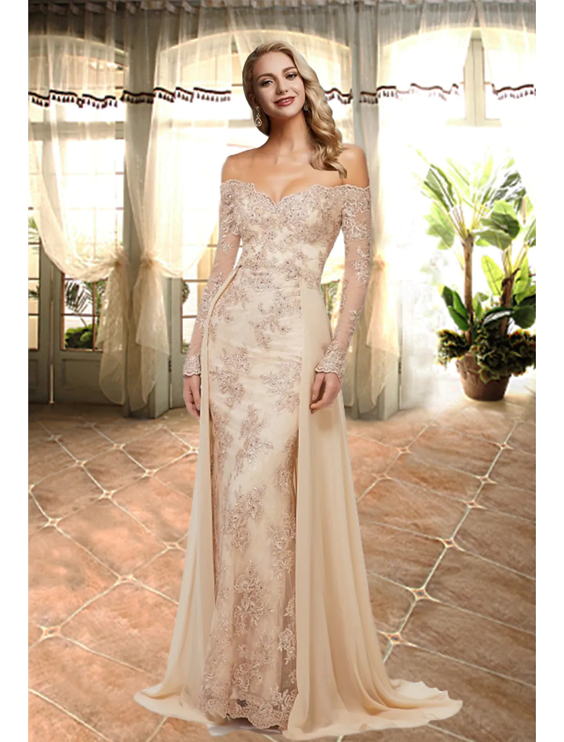 A-Line Prom Dress Long Off Shoulder Luxurious Elegant Engagement Formal Evening Gown Sweetheart Neckline Long Sleeve Lace