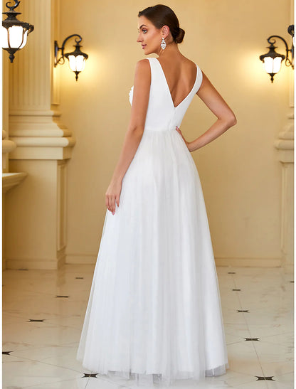 Casual Wedding Dresses Floor Length A-Line Sleeveless Tulle Pleats