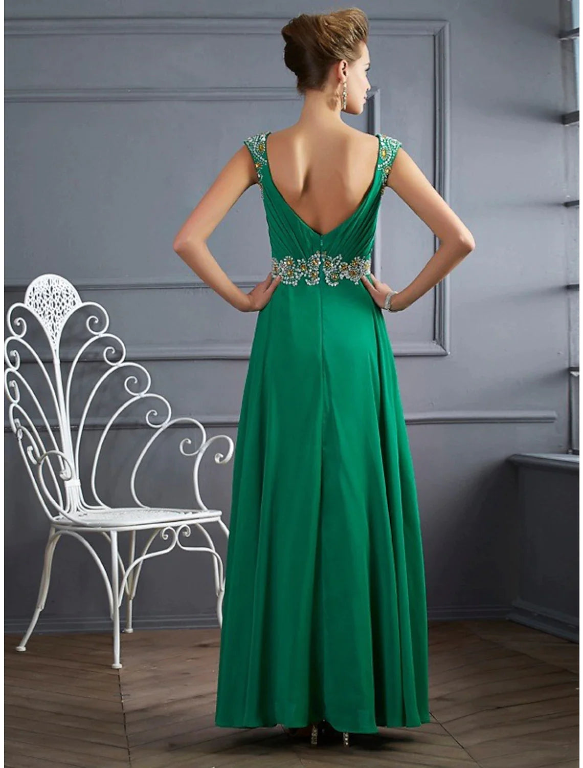 A-Line Evening Gown Sparkle & Shine Dress Formal Floor Length Sleeveless V Neck Chiffon with Rhinestone Ruched