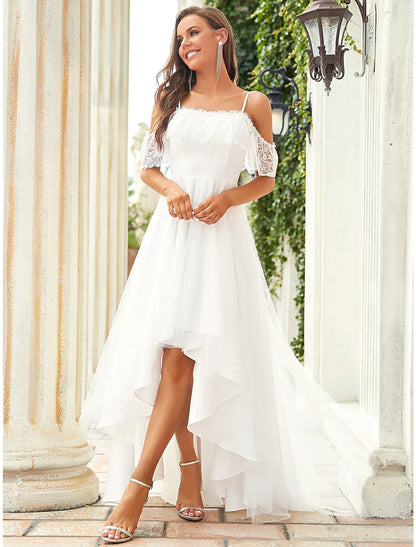 Bridal Little White Dresses Asymmetrical A-Line Off Shoulder Lace