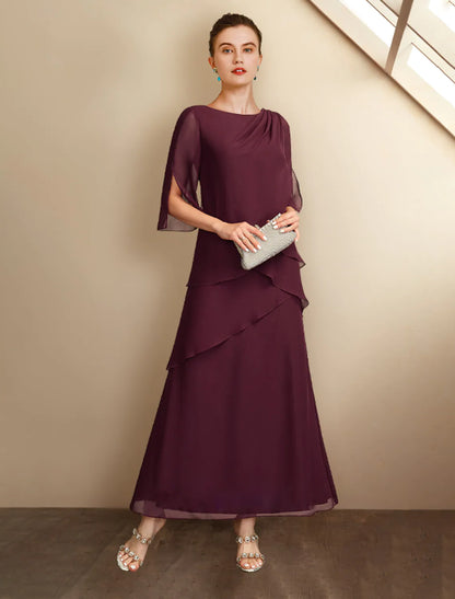 A-Line Mother of the Bride Dress Plus Size Elegant Ankle Length Chiffon Half Sleeve Ruffles