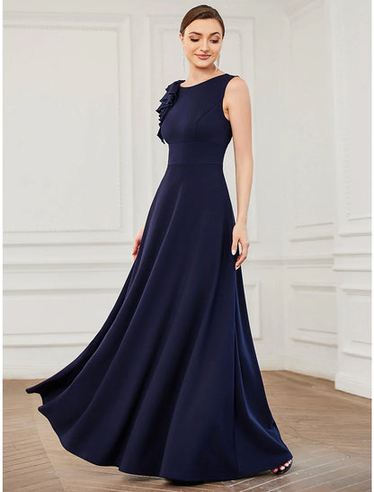 A-Line Evening Gown Plus Size Dress Formal Floor Length Sleeveless Jewel Neck Polyester with Draping Appliques