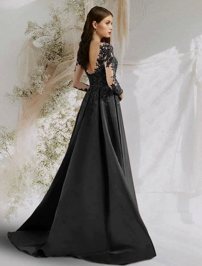 A-Line Beautiful Back Sexy Floral Prom Formal Evening Dress Boat Neck Long Sleeve Satin with Appliques