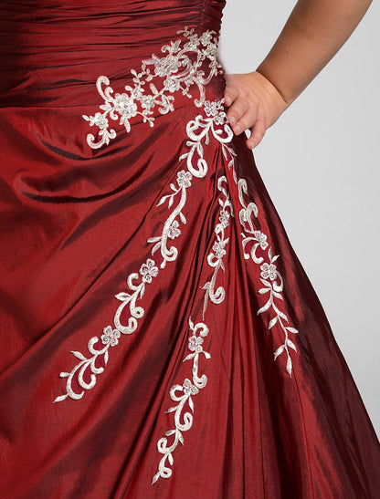 Ball Gown Plus Size Prom Formal Evening Dress Strapless Sleeveless Floor Length Taffeta with Beading Appliques