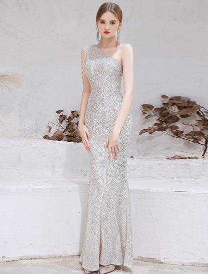 Evening Gown Dress Wedding Floor Length Sleeveless One Shoulder Sequined with Beading