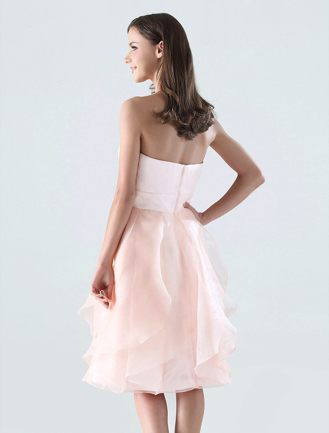 A-Line Bridesmaid Dress Strapless Sleeveless Open Back Knee Length Satin with Ruffles