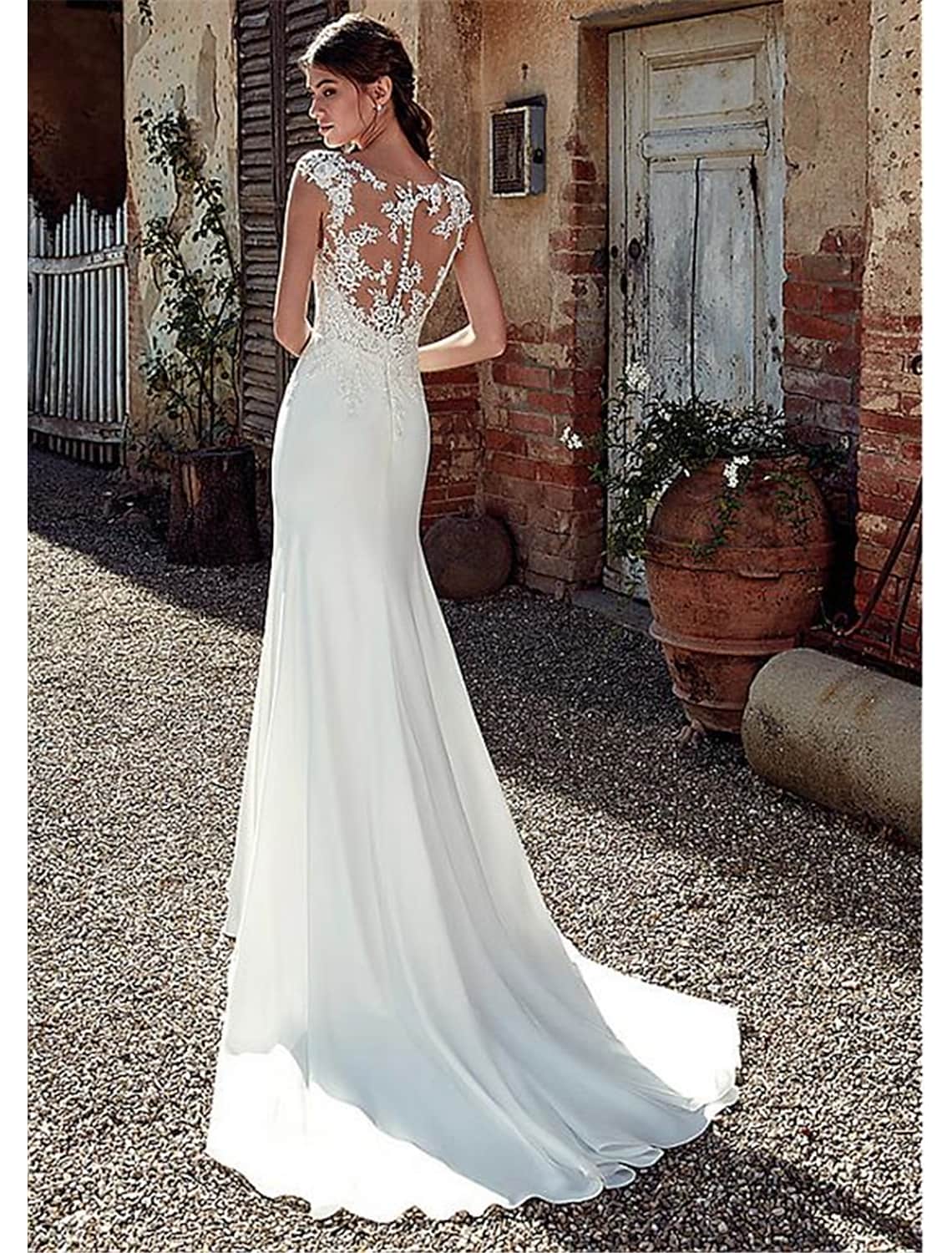 Beach Open Back Wedding Dresses Chiffon With Appliques