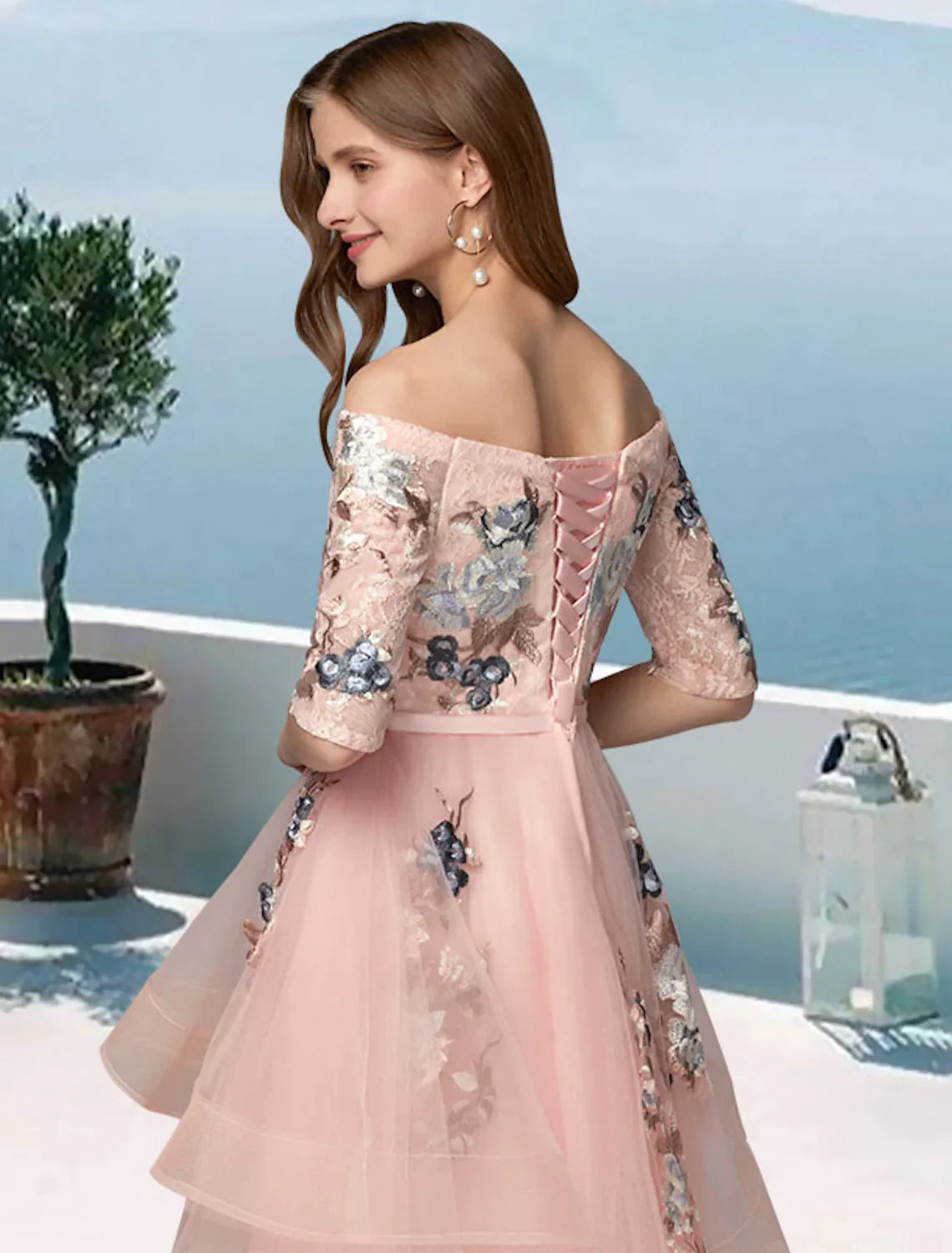 A-Line Prom Dresses Evening Party Asymmetrical Half Sleeve Off Shoulder Satin with Embroidery Appliques