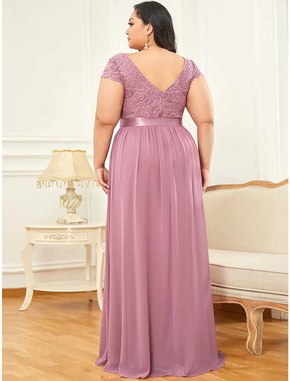 A-Line Elegant Vintage Formal Evening Dress V Neck V Back Short Sleeve Floor Length Chiffon Draping Lace