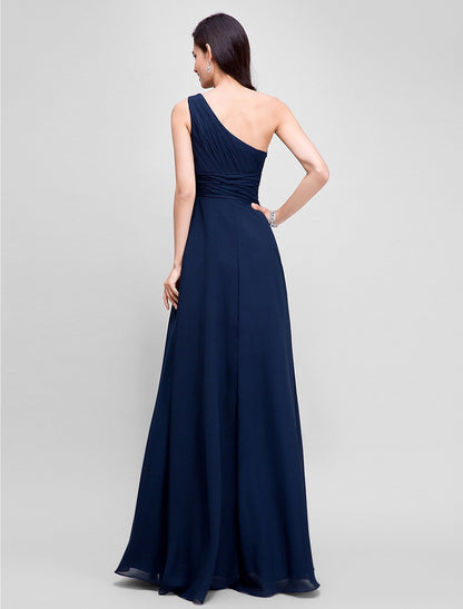Evening Dresses Wedding Guest Floor Length Sleeveless One Shoulder Chiffon Ruched Beading