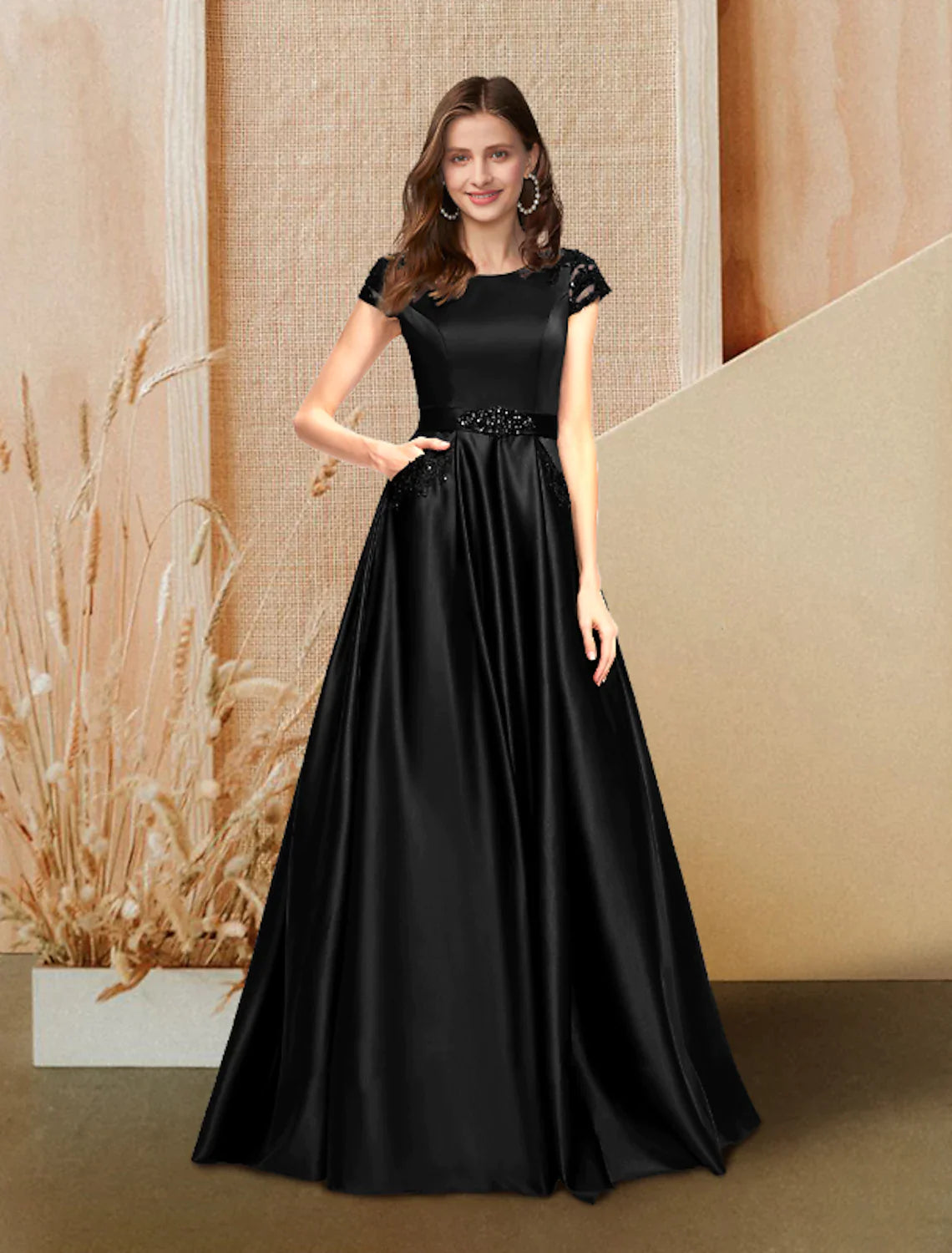 A-Line Evening Gown Luxurious Dress Wedding Guest Floor Length Short Sleeve Jewel Neck Pocket Satin with Beading Lace Insert Pocket