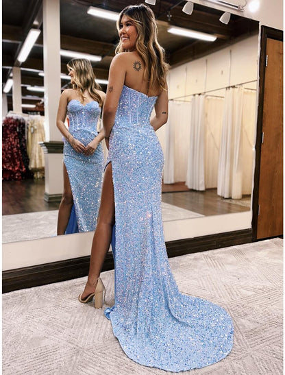 Prom Dresses Sparkle Shine Dress Formal Court Train Sleeveless Sweetheart Sequined Backless with Sequin Slit