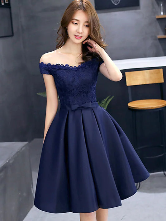 A-Line Elegant Prom Dress Off Shoulder Sleeveless Short Mini Lace with Pleats