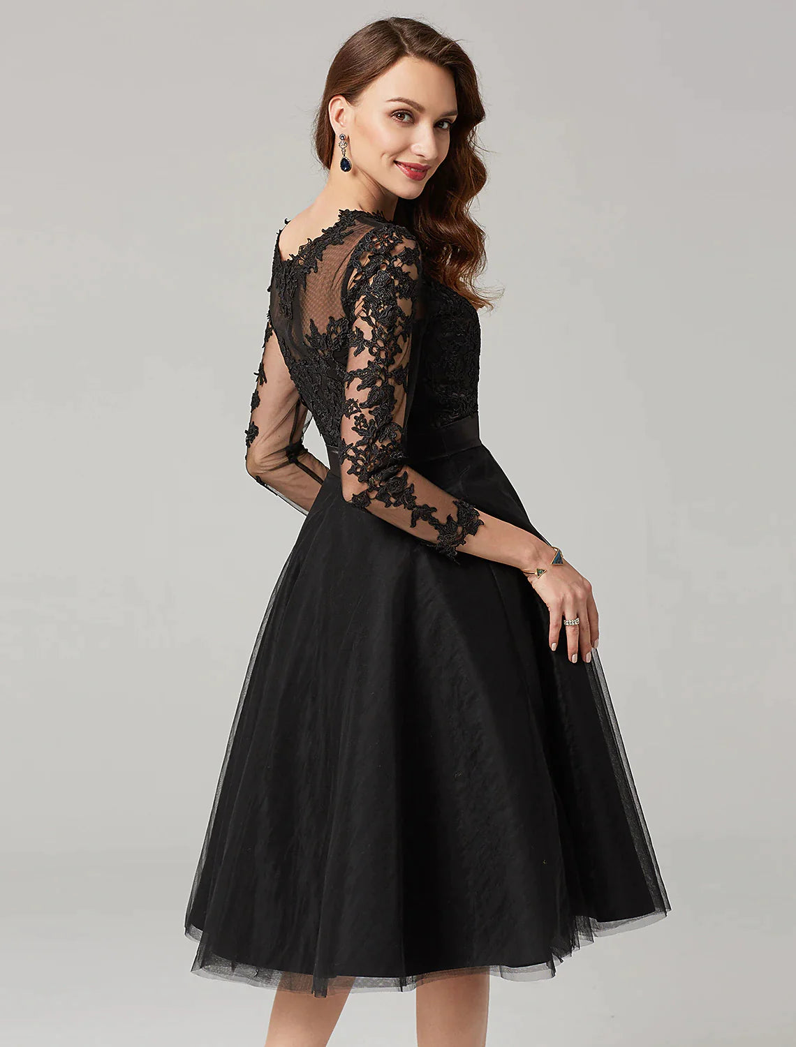 A-Line Elegant Dress Wedding Guest Knee Length 3/4 Length Sleeve Illusion Neck Tulle Over Lace with Appliques