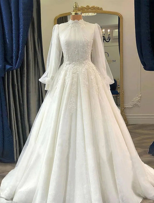 Engagement Vintage Formal Wedding Dresses Princess Long Sleeve High Neck Lace Pleats Appliques