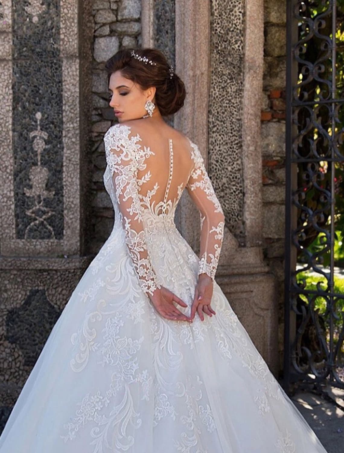 Engagement Formal Wedding Dresses Ball Gown Long Sleeve Lace Appliques
