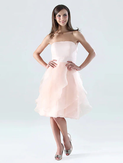 A-Line Bridesmaid Dress Strapless Sleeveless Open Back Knee Length Satin with Ruffles