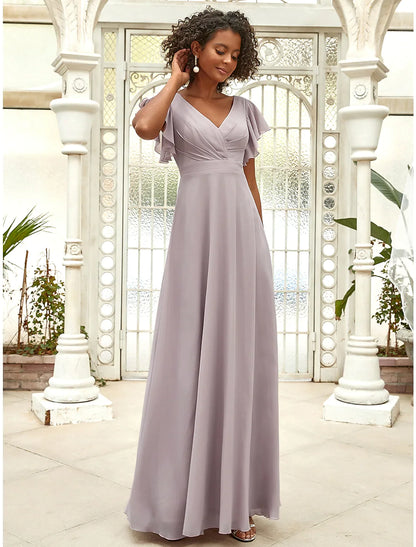 A-Line Evening Gown Vintage Dress Wedding Guest Floor Length Short Sleeve V Neck Chiffon with Ruffles