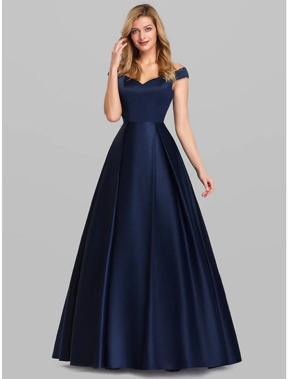 A-Line Evening Gown Elegant Luxurious Dress Wedding Guest Floor Length Sleeveless Plunging Charmeuse with Ruched