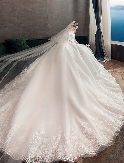 Engagement Open Back Formal Wedding Dresses Chapel Train Long Sleeve Lace With Pleats Appliques