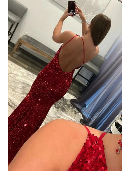 Mermaid / Trumpet Prom Dresses Sexy Dress Formal Floor Length Sleeveless One Shoulder Sequined Backless with Sequin
