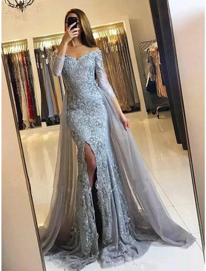 Mermaid / Trumpet Evening Gown Floral Dress Formal Sweep / Brush Train Long Sleeve Off Shoulder Chiffon with Sequin Slit Appliques