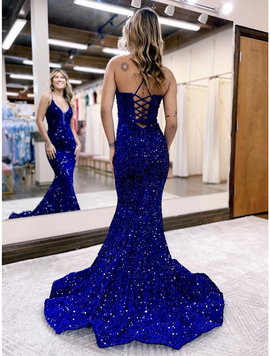 Evening Gown Dress Formal Sleeveless V Neck Sequined Backless