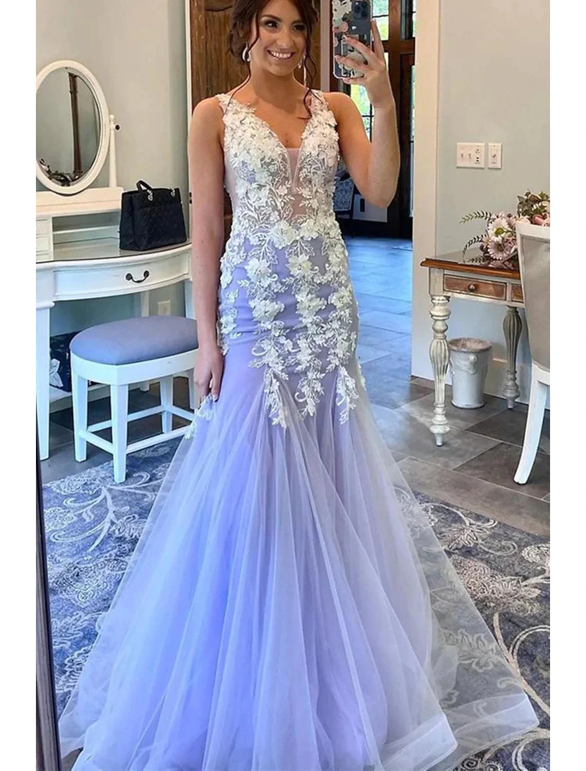 Mermaid / Trumpet Prom Dresses Floral Dress Formal Sweep / Brush Train Sleeveless V Neck Tulle with Ruffles Appliques