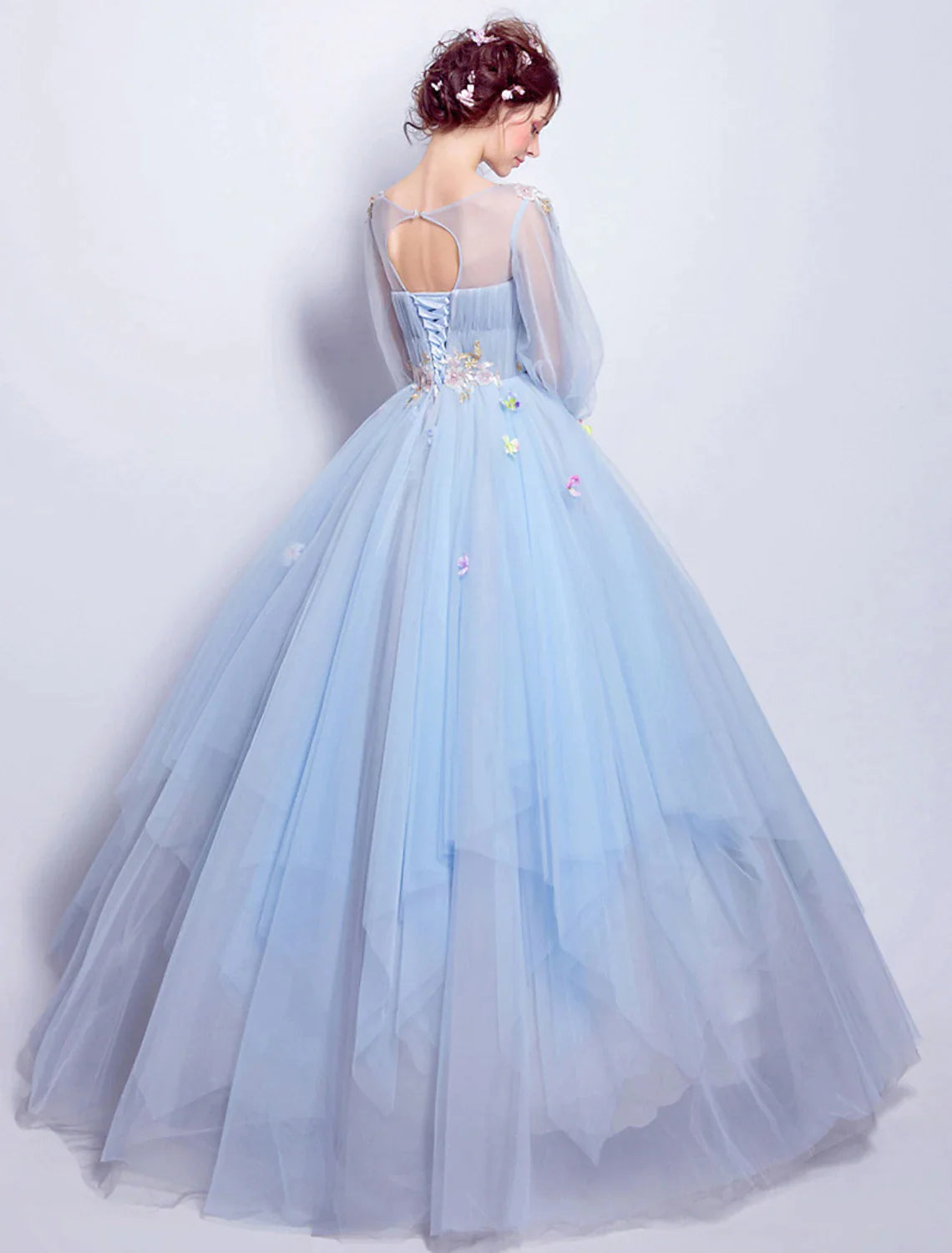 Elegant Floral Puffy Engagement Dress Neck Length SleeveFloor Length Tulle with Pleats Appliques