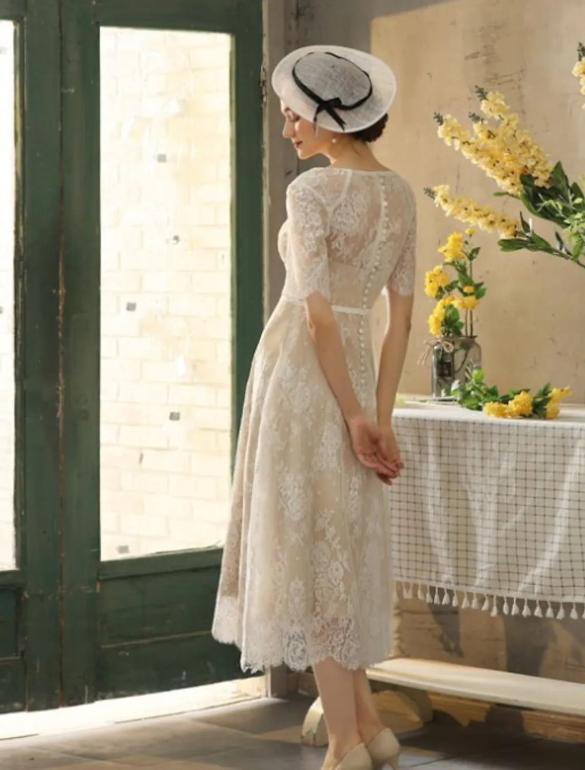 Bridal Little White Dresses Wedding Dresses A-Line Half Sleeve Lace With Sash Ribbon Appliques
