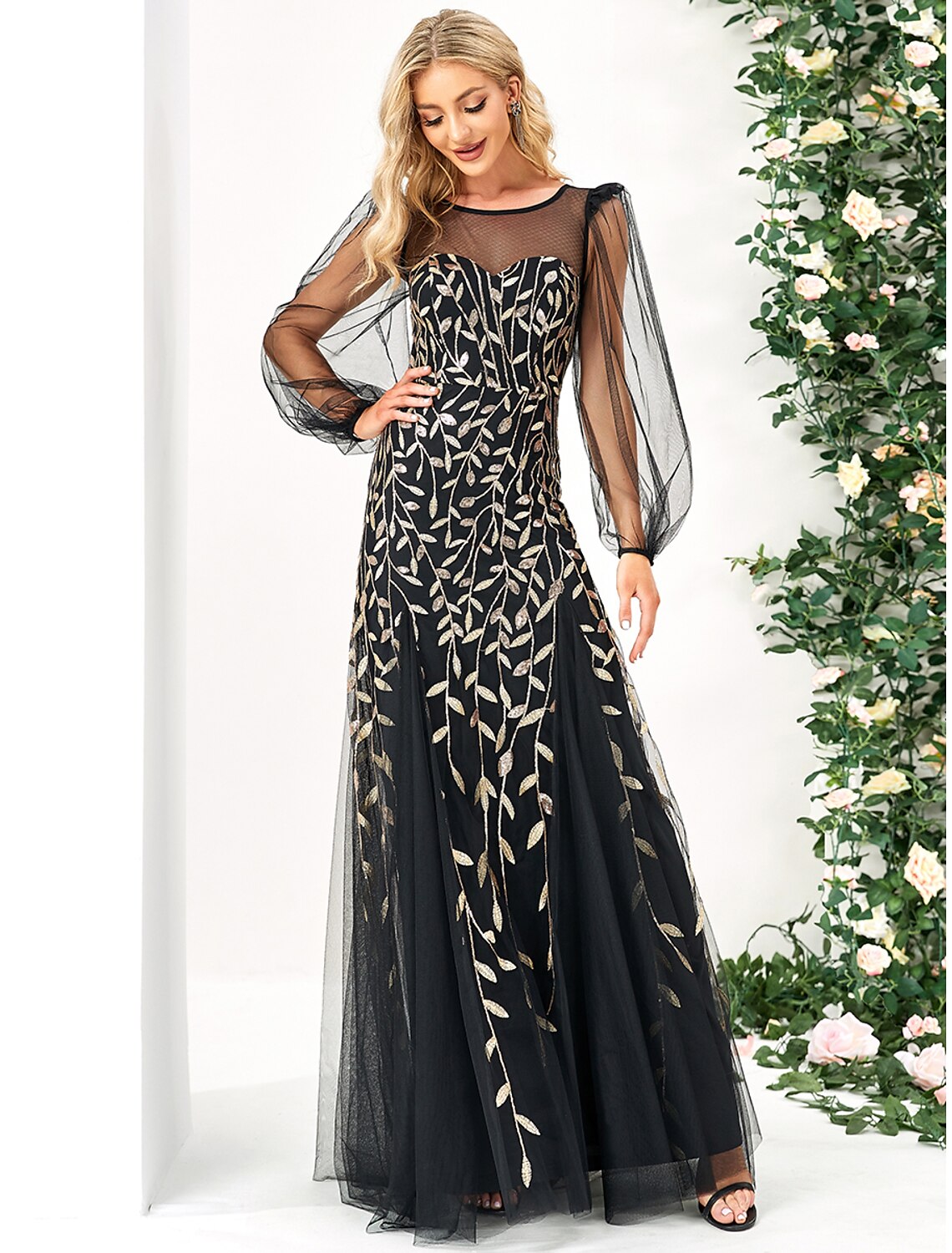 Evening Gown Elegant Dress Formal Floor Length Long Sleeve Jewel Neck Tulle with Sequin