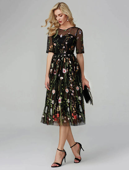 A-Line Party Dress Holiday Tea Length Half Sleeve Illusion Neck Fall Wedding Guest Organza with Embroidery Appliques